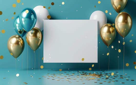 An elegant party invitation mockup with a blank card surrounded by blue and gold balloons on a teal background, speckled with golden confetti