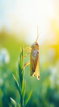 A vibrant green grasshopper clings to a blade of grass, backlit by golden morning sunlight, showcasing its delicate features against a soft, blurred background.