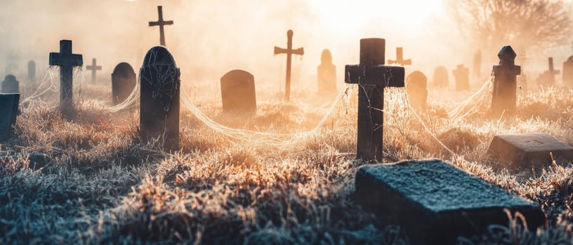 Eerie graveyard scene at dawn with tombstones and crosses covered in spider webs, illuminated by golden sunlight creating a haunting atmosphere.