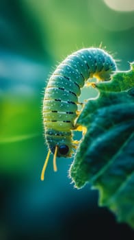 Extreme close up of a pale green caterpillar with spiky hairs and white spots, perched on the edge of a vibrant green leaf, highlighting its unique features and camouflage.