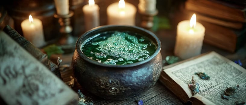 A bubbling cauldron filled with glowing green potion surrounded by candles, spell books, and magical ingredients, creating an enchanting Halloween atmosphere.