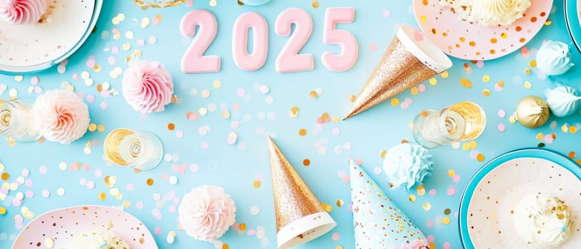 Festive New Year 2025 party setup with colorful decorations, confetti, and sparkling drinks on a blue background.