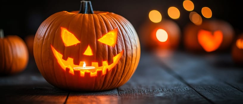 A carved jack o lantern glowing warmly, setting the perfect spooky atmosphere for Halloween night.