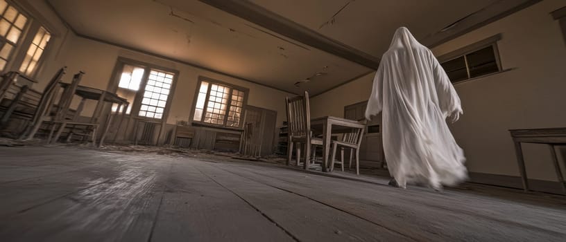 A mysterious white clad figure stands in a derelict room with peeling walls, broken furniture, and sunlight streaming through dusty windows, creating an eerie supernatural atmosphere.