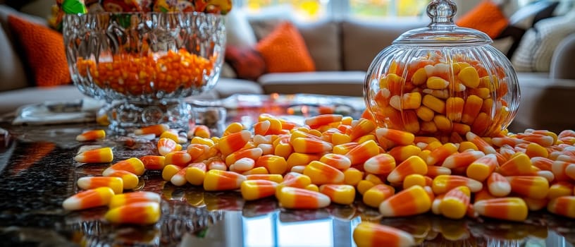 Colorful candy corn spills from crystal glass containers onto a reflective surface, creating a festive Halloween display with orange, yellow, and white treats.