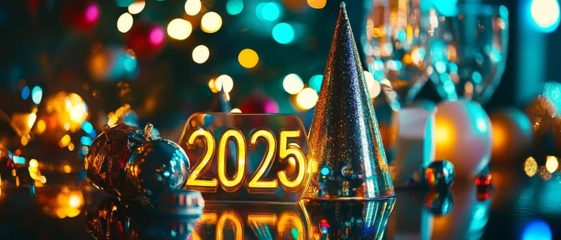 New Year 2025 celebration with festive decorations, including a party hat and bokeh lights in the background.