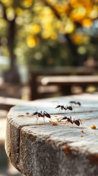 Several ants explore a weathered wooden surface in search of food, with a soft focus background of trees and sunlight.