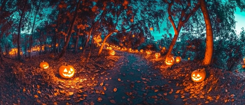 Glowing jack o lanterns line a forest path, creating a spooky and enchanting Halloween atmosphere.