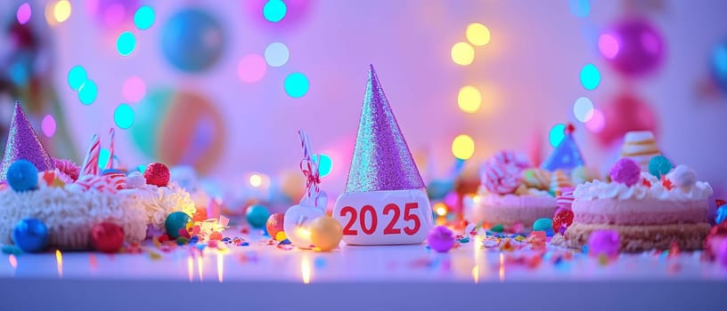 Festive New Years Eve party scene for 2025 with glittery party hat, cupcakes, and vibrant decorations against a blurred background of colorful bokeh lights.