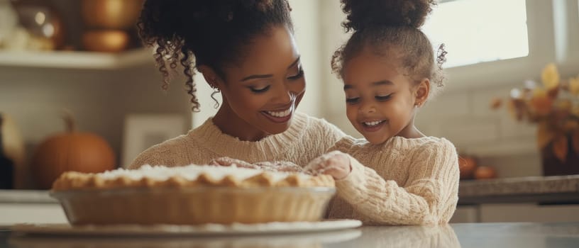 A heartwarming scene of a mother and young daughter bonding while baking a pie in a cozy kitchen, surrounded by autumn themed decorations.