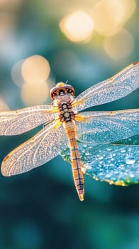 A delicate dragonfly perched on a leaf, its translucent wings covered in tiny water droplets, illuminated by warm golden light creating a magical atmosphere.
