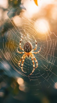 Intricate silhouette of an orb weaver spider on its beautifully crafted web, backlit by warm golden sunset light, showcasing nature's artistic craftsmanship.