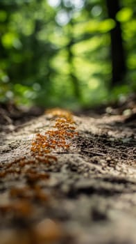 A colony of red ants marching in a line on forest soil, with blurred green foliage in the background, showcasing nature's intricate ecosystem.