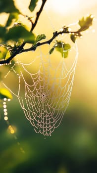 Intricate spider web adorned with dew drops, illuminated by warm golden light, showcasing nature's delicate artistry against a blurred background.