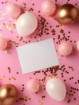 Elegant festive background with shiny pink and gold balloons, confetti, and space for text on a pink backdrop