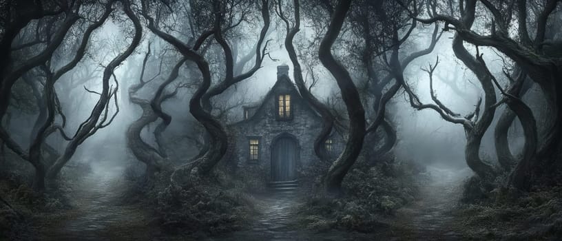 Eerie scene of a stone cottage with glowing windows nestled among twisted trees in a foggy, dark forest, creating a spooky and mysterious atmosphere.