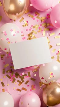 A pink-hued celebration setup featuring a blank card surrounded by balloons and golden confetti