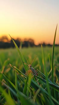 Silhouette of a grasshopper perched on a blade of grass against a warm golden sunset background, symbolizing serenity and nature's harmony.