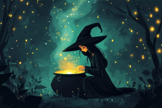 Silhouette of a witch in pointed hat stirring a glowing cauldron, surrounded by fireflies and magical lights in a mystical forest at night.