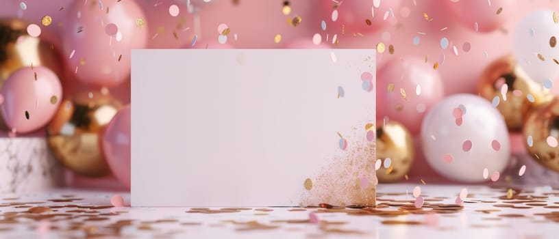 A wide festive background with pink balloons, golden confetti, and a central white card