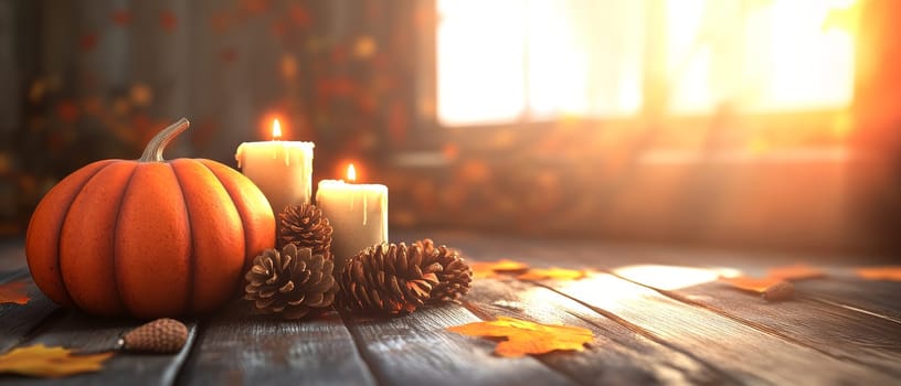 A warm autumn scene with a pumpkin, candles, and pinecones on a wooden table, creating a cozy seasonal atmosphere.