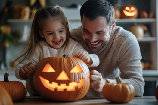 A father and young daughter share a joyful moment while carving a glowing jack-o'-lantern, surrounded by Halloween decorations in a cozy home setting.