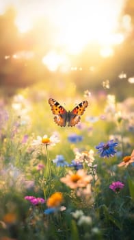 A painted lady butterfly hovers over a colorful wildflower meadow at golden hour, surrounded by various blooms and bathed in warm sunlight.