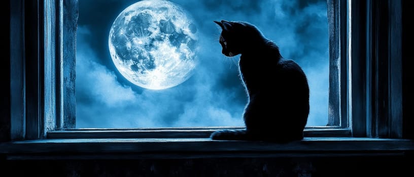 A black cat sits in a window, silhouetted against a large full moon in a cloudy night sky, creating a mystical and Halloween like atmosphere.