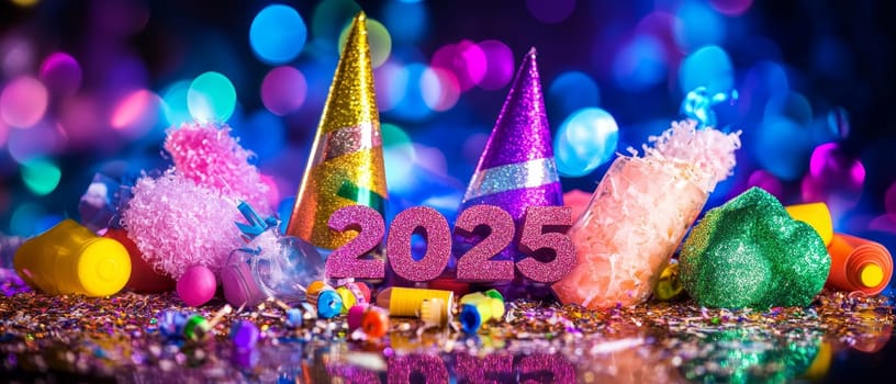 Colorful party hats and decorations celebrating the arrival of 2025 on New Years Eve.