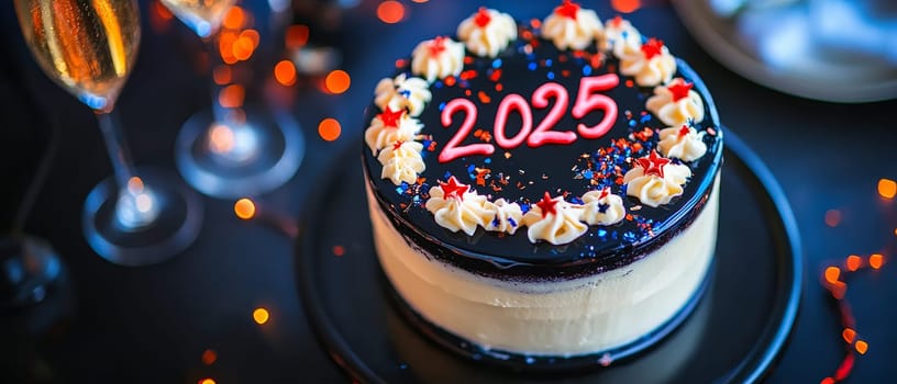 A beautifully decorated cake with the year 2025, surrounded by festive lights and champagne glasses.
