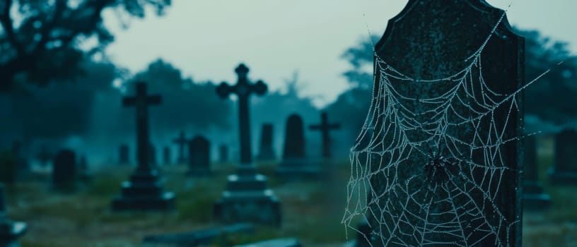 A delicate spider web with dew adorns a tombstone in a misty cemetery, evoking a haunting mood.