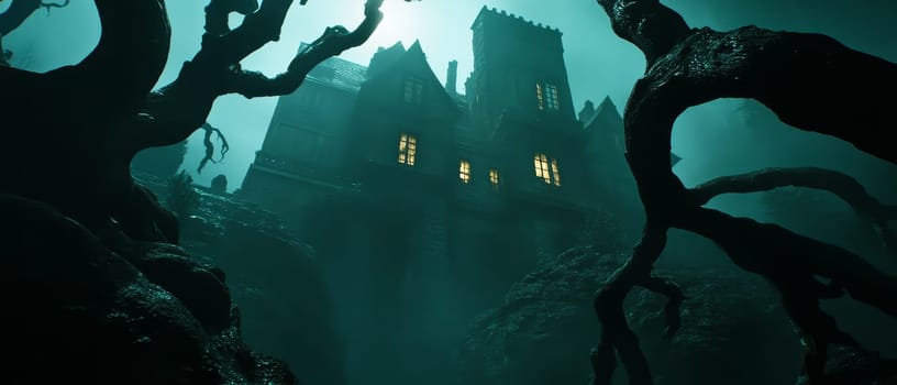 Gothic haunted mansion looming in a dark misty forest, with glowing windows and twisted trees creating a spooky atmosphere perfect for Halloween themes.