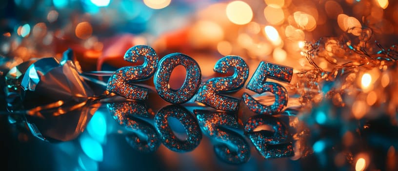 Sparkling blue numbers '2025' with orange glitter against a backdrop of colorful bokeh lights, creating a festive and futuristic New Year celebration atmosphere.