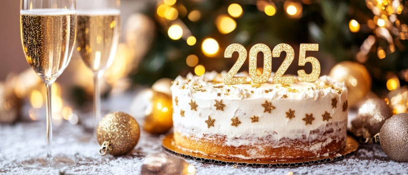 Festive white cake with golden '2025' topper, champagne flutes, and holiday ornaments against a background of twinkling lights, symbolizing a luxurious New Year celebration.