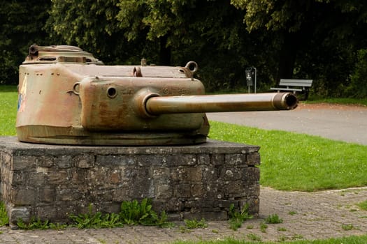Bastogne, Belgium - July 17 2021: Frontal view of American tank turret remembering the Battle of the Bulge in the second world war
