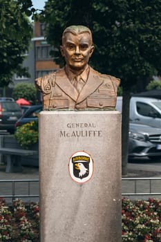 Bastogne, Belgium - July 17 2021: General McAuliffe Memorial on the McAuliffe square in remembrance of the Battle of the Bulge. Nuts!