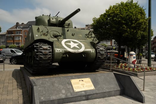 Bastogne, Belgium - July 17 2021: American M4 Sherman tank, Barracuda, on the McAuliffe square. Monument to remember the Battle of the Bulge in the second world war.