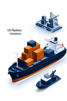 Containers on a ship representing continuous delivery and continuous improvement in agile software development and DevOps. AI generated image
