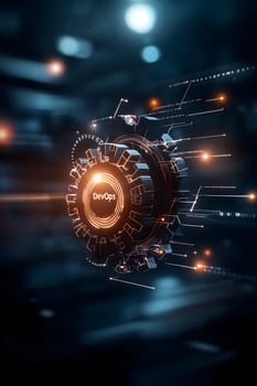 A futuristic and abstract visualization of DevOps tools interconnected by data streams and pipelines representing seamless toolchain integration. Software lifecycle. AI generated image