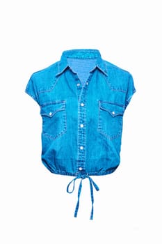 Jeans jacket isolated. Beautiful female stylish fashionable denim short blue jacket on mannequin. Jeans shirt with pockets.