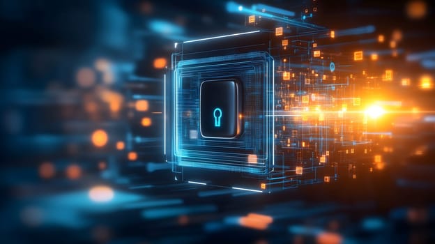 Security in DevOps. Digital padlock on microchip representing protection of digital systems like code base and server.