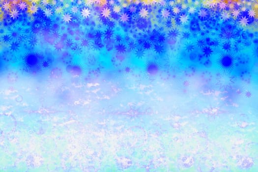 Abstract blurred festive delicate winter christmas or Happy New Year background with shiny blue pink and white bokeh lighted stars. Space for your design. Card concept.