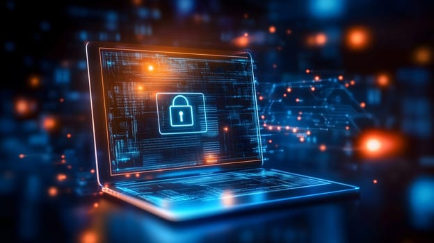 Futuristic image of a laptop with a padlock on screen representing digital protection, security in devops. AI generated image