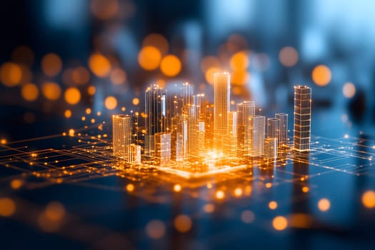 futuristic city with glowing orange lights and wireframe skyscrapers emerging from digital grid. smart cities, infrastructure automation, digital transformation. technology, IoT. AI generated image