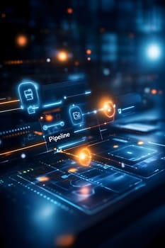 Dynamic & futuristic illustration showcasing concept of modern DevOps pipeline. glowing neo blue & orange data streams. technology, software development, IT infrastructure. AI generated image