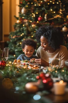 A mother smiles as she shares a festive meal with her son, surrounded by a beautifully decorated Christmas tree and holiday decorations.