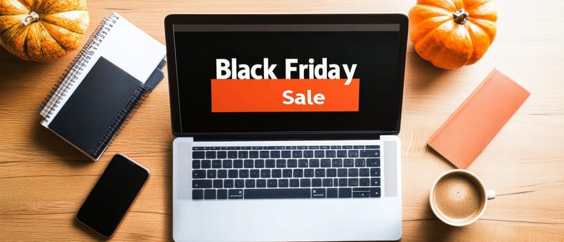 Laptop screen showing 'Black Friday Sale' text, surrounded by autumn elements like pumpkins, notebook, and coffee, creating a cozy work from home shopping atmosphere.