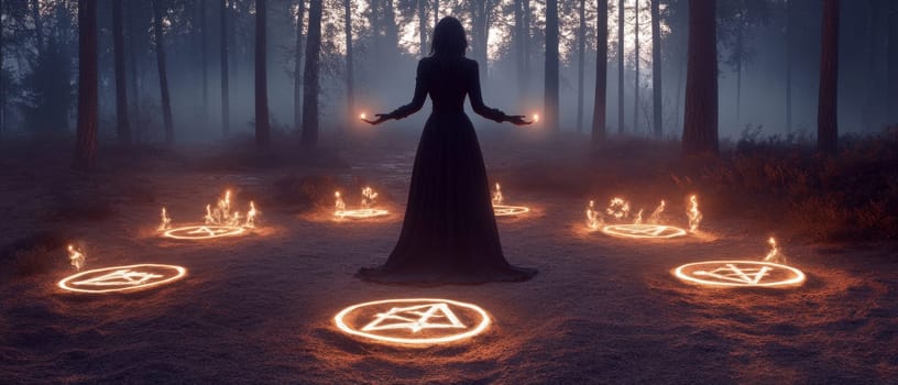 Silhouette of a woman performing a magical ritual surrounded by glowing pentagrams in a misty, dark forest, creating an eerie and mystical atmosphere.