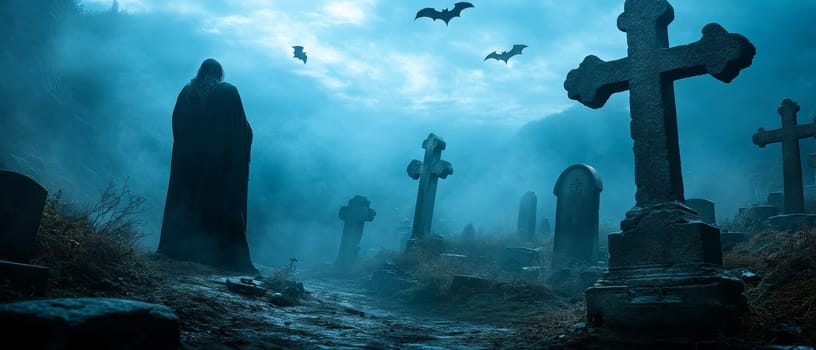 A haunting scene of a shadowy hooded figure standing among ancient tombstones in a misty graveyard, with bats flying in the moonlit sky.