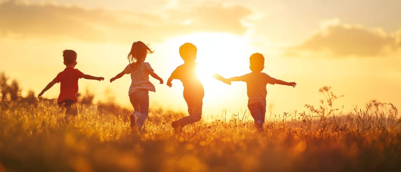 Silhouettes of happy children running through a sunlit field at sunset, capturing the essence of childhood freedom and summer fun.
